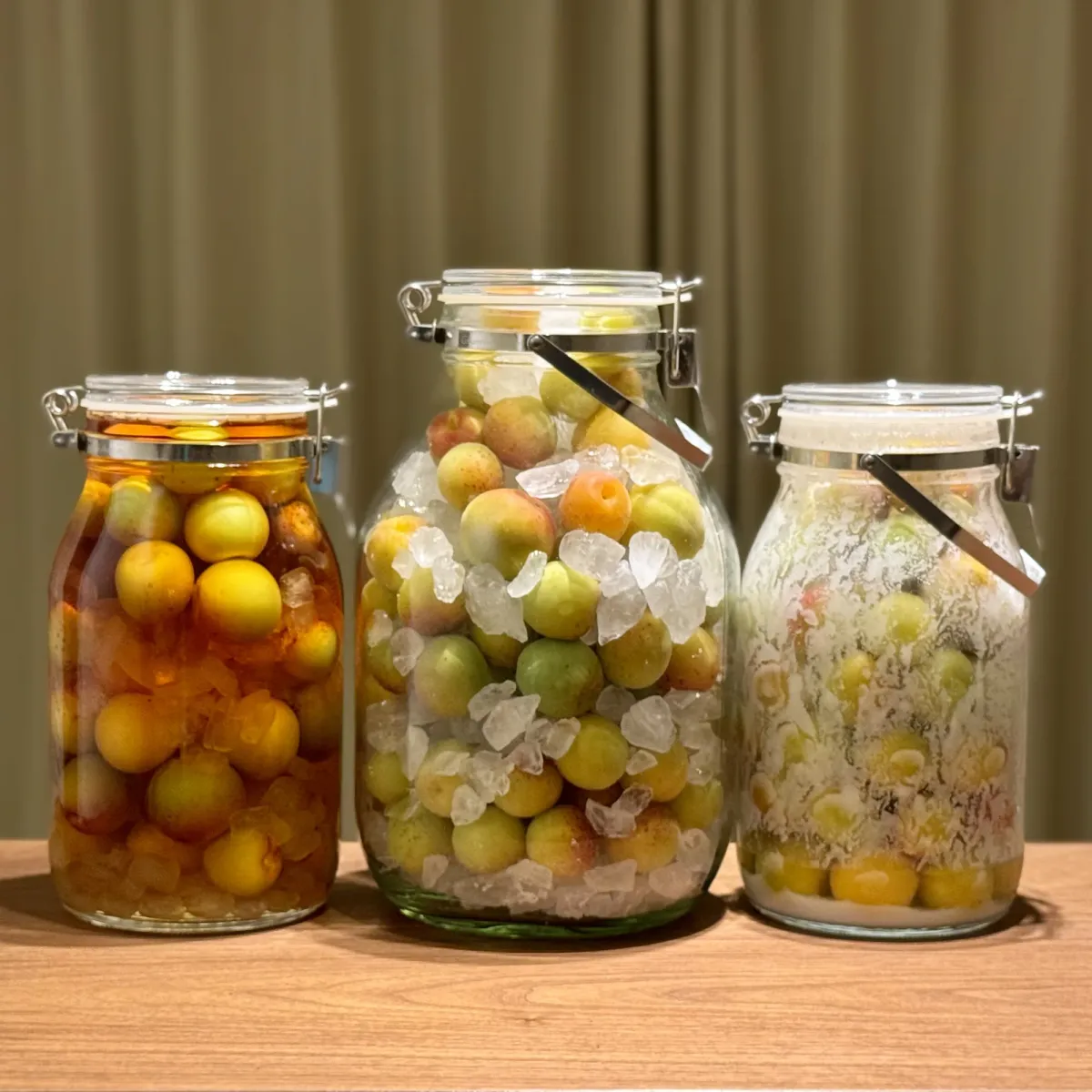 Three clip-top jars side by side: dark amber plums in rum, green plums packed in rock sugar, and plums packed in coarse salt